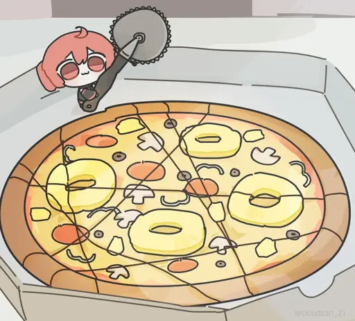 small kasane teto badly cutting a supreme pizza with added pineapple