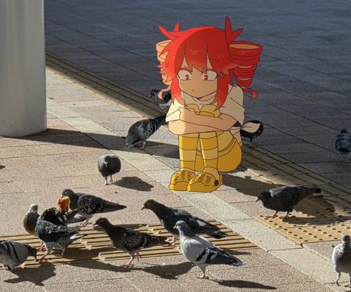 Teto photoshoped into photo of a group of pigeons on the walkway