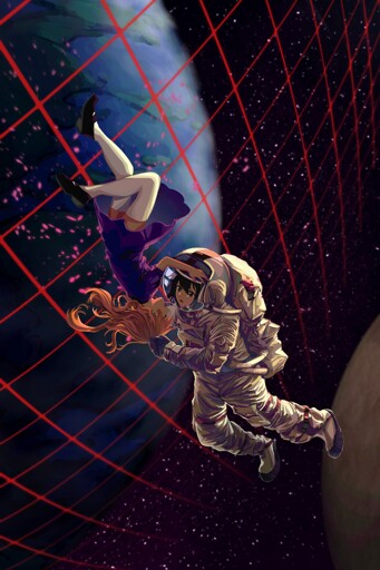 an illustration of Maribel Hearn and Renko Usami from Touhou floating in space between the Earth and the Moon, with a red grid separating them from the Earth; Renko's in a spacesuit, but Maribel is just wearing normal clothes and floating upside-down as she holds onto Renko's helmet with both hands