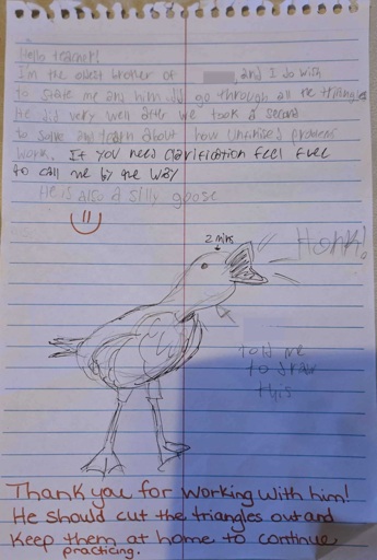 letter from oldest to younger brother's teacher. It states that they don't fully understand the assignment... then they drew a silly goose because their younger brother asked them too. Teacher responded with thanks.