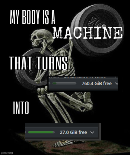 Meme that says: "My body is a machine that turns [screenshot of barely filled hard drive] into [screenshot of almost full hard drive]