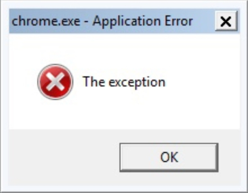 A window with the Windows 7 Classic theme with the title "chrome.exe - Application Error", that has a red cross to show an error, with the body "The application was ".